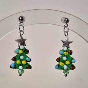 Green and Silver Christmas Tree Earrings